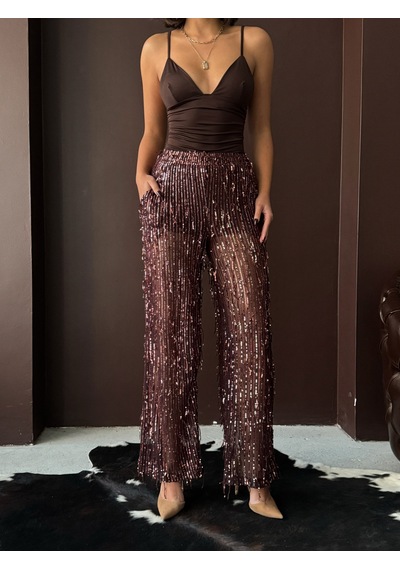 Verymoda Pullu Tül Pantolon F1611 Kahve