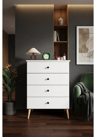 Lüks 4 Çekmeceli Şifonyer Komodin %100 Mdf Çok Amaçlı Düzenleyici Şf01 Beyaz