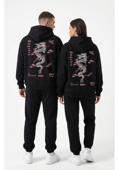 Nevermind Unisex Oversize Hoodie Detaylı Grafik Figür Baskılı Siyah