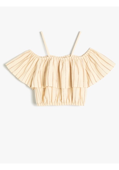 Koton Crop Bluz Düşük Omuz Askılı Kısa Kollu Pamuklu Bej Çizgili 4skg60166aw Ekru