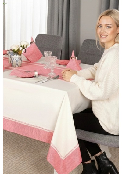 Armine Pamuk Pembe Peçeteli Sofra Takımı 8 Kişilik 170x230cm 18 Prç-1317 Çok Renkli