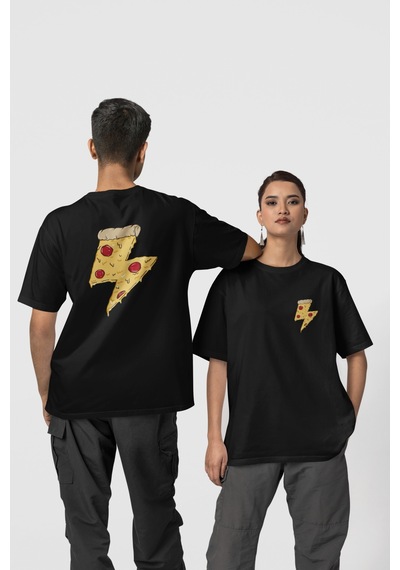 Pizza Ön-arka Baskılı %100 Pamuk Beyaz Kadın/erkek Unisex Rahat Kalıp Oversize T-shirt Siyah