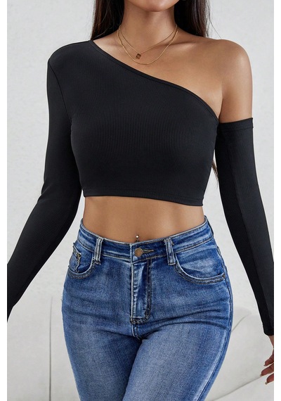 Moda Dua Kadın Siyah Tek Omuz Detaylı Uzun Kol Crop Top Bluz