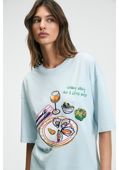 Grımelange NITZA Kadın %100 Pamuk Oversize Bisiklet Yaka Mavi T-Shirt Grımelange NITZA Kadın %100 Pamuk Oversize Bisiklet Yaka Mavi T-Shirt