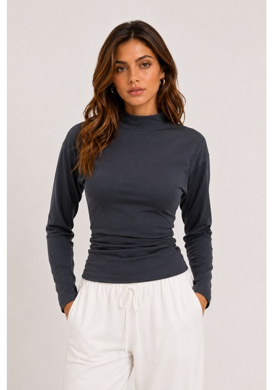 Sortie Collection Dik Yaka Yanı Büzgülü Modal Bluz Füme