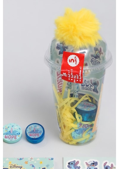X Dekomus Lisanslı Stitch Aloha Dream Cup 5 Parça Kırtasiye Seti Sticker, Tüylü Kalem "dekomus Cep Defteri Hediyeli" Altın