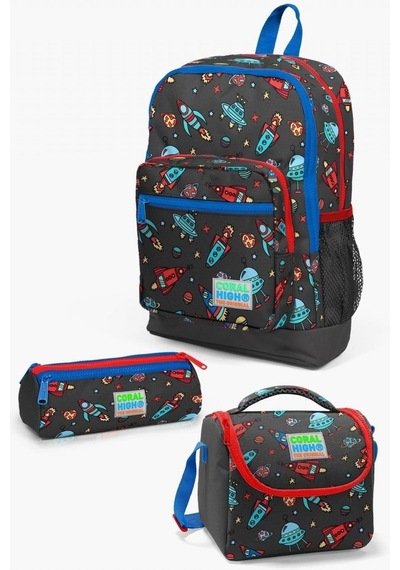 Coral High Kids Koyu Gri Kırmızı Uzay Desenli 3 Lü Okul Çanta Seti