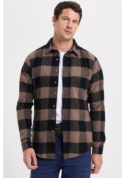 Tudors Erkek Slim Fit Dar Kesim Kareli Kışlık Oduncu Gömlek-42338 Siyah
