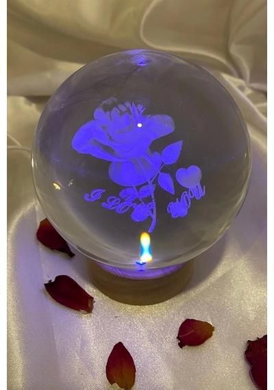 3d Led Işık Cam Küre Çok Işıklı Ahşap Gül I Love You Büyük Boy 10 Cm