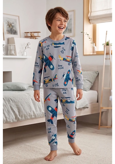 Zuzunga Time To Fly Gri Renk Uçak Desenli Erkek Çocuk Pijama Takımı