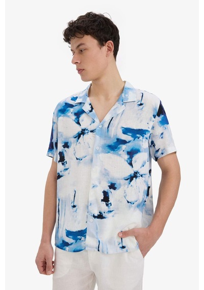 DeFacto Modern Fit Polo Yaka Desenli Keten Görünümlü Yazlık Kısa Kollu Gömlek E1206AX25SMIN147