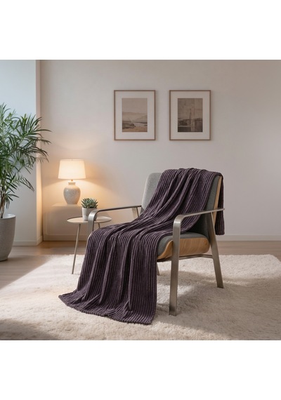 Maxstyle Çizgili Vizon Tek Kişilik Polar Battaniye Mürdüm 150x220 Cm Renkli