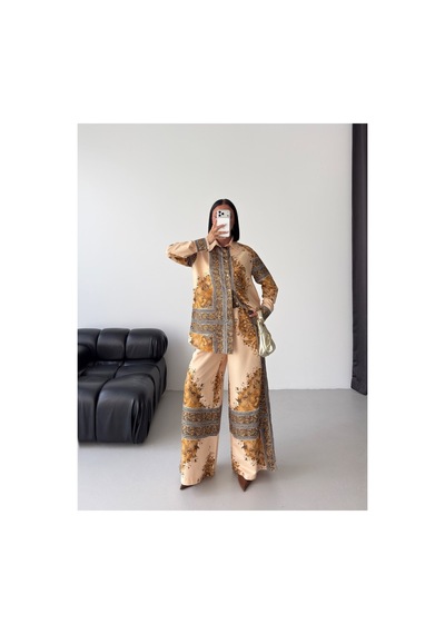 Wellway İthal Chokellaa Kumaş Çiçekli Tunik Gömlek & Pantolon 2li Takım-bej -26112 Bej