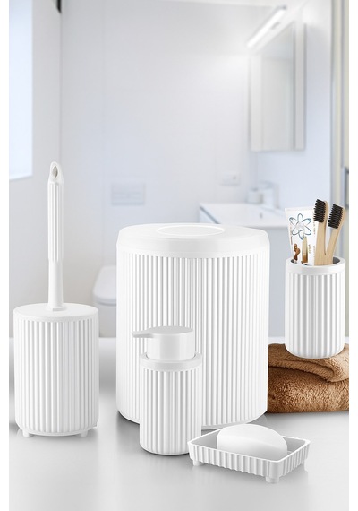 Lines Serisi Beyaz Banyo Seti, 5 Parça Lüks Akrilik Çöp Kovası, Fırça, Sabunluk Banyo Aksesuar Seti 3375 Beyaz