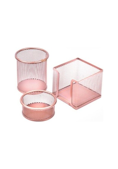 Rose Gold Perfore Metal Üçlü Set Kalemlik Ataşlık Küp Blok Desk Organizer Diğer