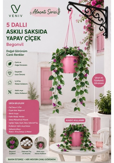 135 Cm Yapay Begonvil Çiçeği 5 Dallı Pembe Askılı Saksı Dekoratif Balkon, Teras Ve Bahçe Çiçeği Renkli