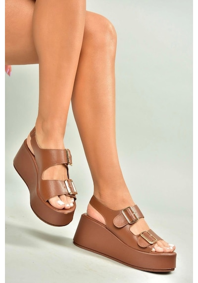 Fox Shoes U946418509 Taba Dolgu Topuklu Kadın Ayakkabı Taba-suni Deri