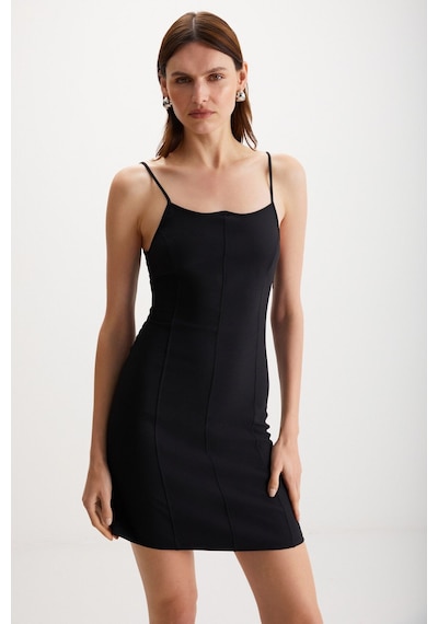 Ethıquet Manuela Kadın Kalın Dokuma Interlok Kumaşlı Vücüdü Saran Bodycon Kalp Yaka Siyah Elbise