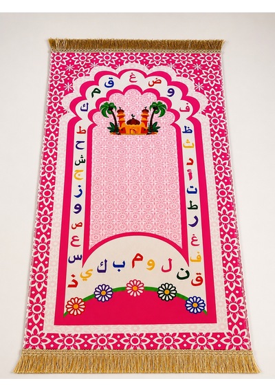 Çocuk Seccadesi 97x45 Cm Arapça Alfabeli Püsküllü Namaz Seccadesi Pembe