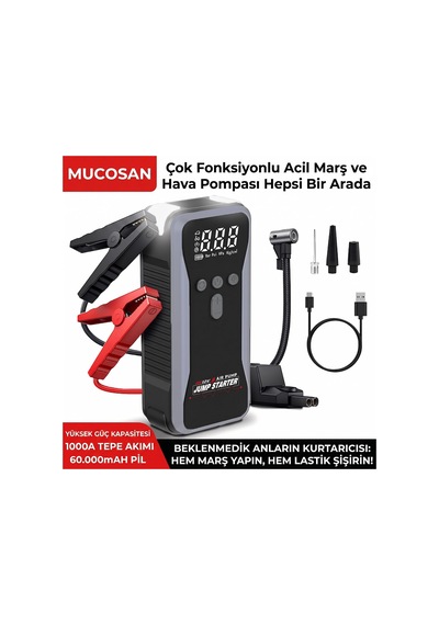 Dev Kapasite 60.000 Mah 4'ü 1 Arada Jump Starter Ve Hava Kompresörü