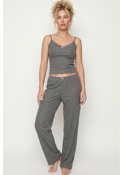 Siyah İnci Bürümcük-krınkıl İp Askılı Pijama Takım 8059 Gri