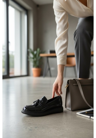 Enoch Hakiki Deri Siyah Püsküllü Casual Loafer Esnek Ve Kalın Tabanlı Siyah Rugan Enoch Hakiki Deri Siyah Püsküllü Casual Loafer Esnek Ve Kalın Tabanlı Siyah Rugan
