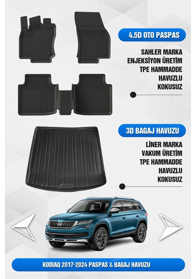Sahler Skoda Kodiaq 2017-2024 Uyumlu 4.5d Premium Havuzlu Oto Paspas Ve Liner Marka 3d Bagaj Havuzu