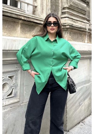 WeShaya Kadın Yeşil Basic Model, Gofre Kumaş, Salaş Gömlek Benetton