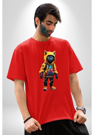Spor Eşofman Takımı Sarı Kedi İnsan Pamuklu Bisiklet Yaka Unisex Oversize Boyfriend Dijital Baskılı Kırmızı T-shirt Kırmızı