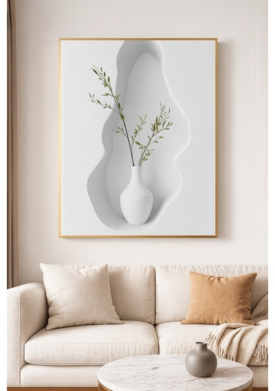 Stillness Beyaz 01 - Gerçek Cama Baskı Gold Alüminyum Metal Çerçeveli Tekli Modern Çiçekli Tablo