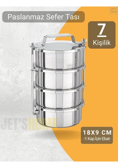 4 Lü Sefer Tası 18x9 Cm Yemek Taşıma Kabı Paslanmaz Çelik No:4 Kapasite 7 Kişilik Metalik Gri