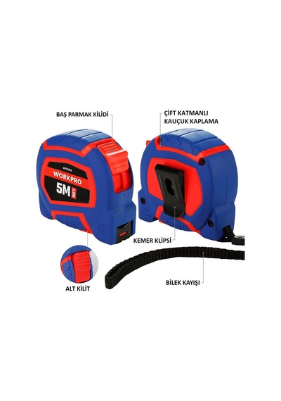 Workpro Wp261009 5mx19mm/16ft. Naylon Kaplama Sarı Çelik Şerit Metre 5 / 19 MM