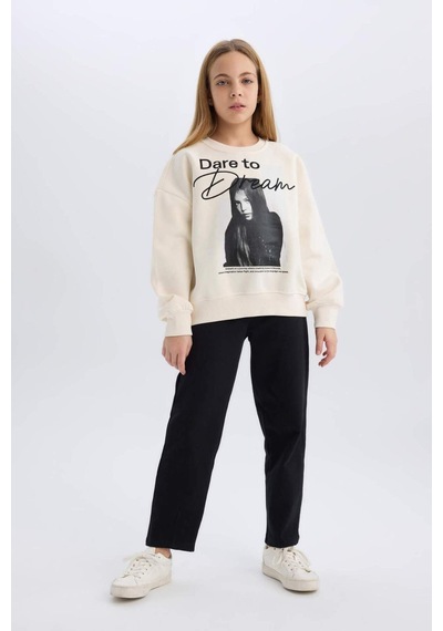 DeFacto Kız Çocuk Oversize Geniş Kalıp Bisiklet Yaka Baskılı Sweatshirt D5452A824WNER233 Ekru
