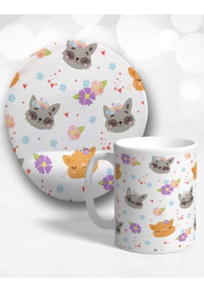 Flower Cat Oval Bilek Destekli Mouse Pad Ve Kupa Bardak Seti Mousepad