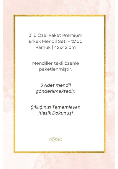 Elif Mira 3 Lü Özel Paket Premium Erkek Mendil Seti %100 Pamuk 42x42 Cm Beyaz Çok Renkli