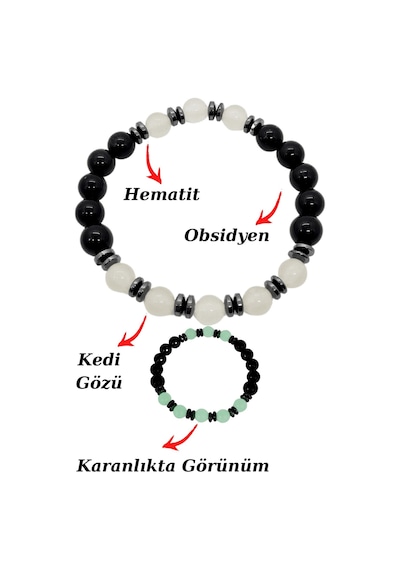 Gümüştel El Sanatları Sertifikalı Obsidyen Kedi Gözü Hematit Doğal Taş Bileklik Karanlıkta Işık Saçar Çok Renkli