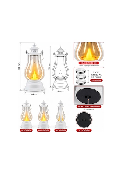 Plastik, Nostaljik, Led, Mini Gaz Lambası Tasarımlı, Pilli Dekoratif Aydınlatma, Beyaz