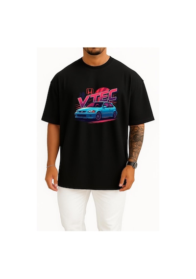 Bahriyeli Collection Oversize Honda Civic Vtec Hb Göğüs Tasarımlı Unisex T-shirt SIYAH
