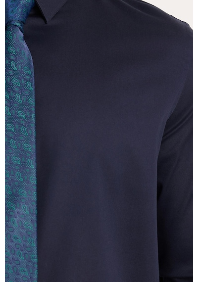 Tudors Erkek Slim Fit Premium Likralı Pamuk Saten Lacivert Gömlek-35742 Lacivert