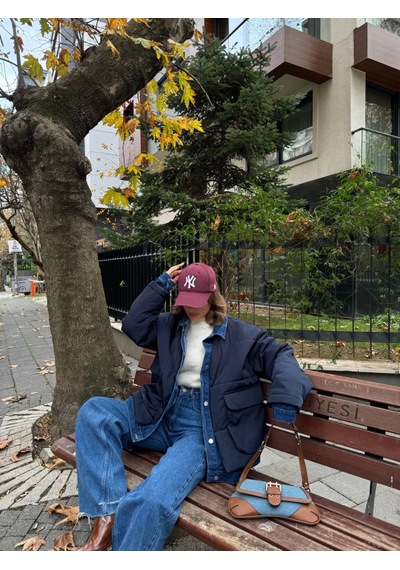Primemagazam Kadın Jeans Detaylı Cıtcıtlı Ceket Mont - Lacivert Çeşitli
