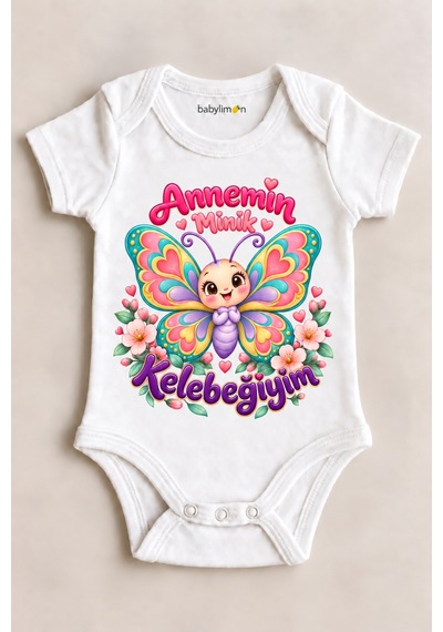 Babylimon Annemin Minik Kelebeğiyim Beyaz Kısa Kollu Çıtçıtlı Bebek Zıbını Beyaz - 930083890 Beyaz