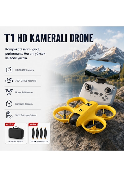 Sarı T1 Hd Kameralı 360 Dönüşlü Taşınabilir Kompakt Drone-1690