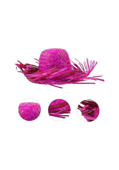 Tropikal - 245 - Parti Pembe Fuşya Hasır Hawaii Şapkası - Edntrend - 13x36 Cm