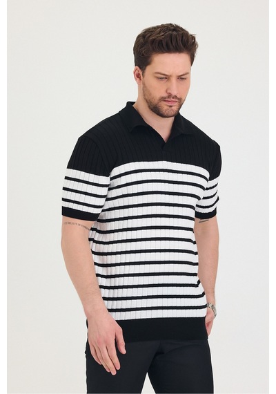 Cool Tarz Erkek Polo Yaka Beyaz Çizgi Detaylı Siyah Triko T-shirt Siyah Siyah