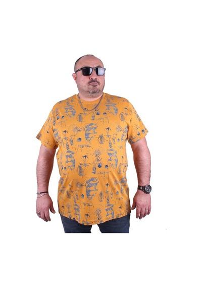 Starbattal Büyük Beden Sıfır Yaka Tişört Compass Holiday 23151 Hardal-Hardal Çok Renkli