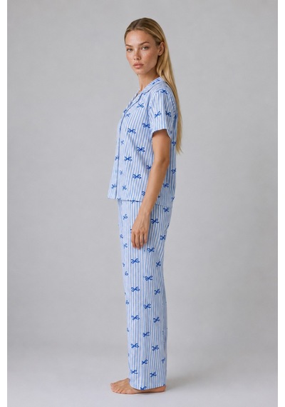 Mavi Kurdele Desenli Çizgili Bürümcük Pijama Takımı 4645-mavi
