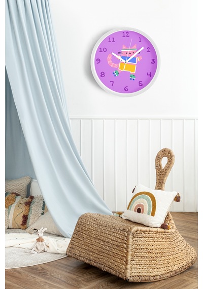 Paten Kayan Sevimli Kedi Çocuk Odası Duvar Saati - 42cm - Önü Camlı Beyaz Kasa - Sessiz Mekanizma Beyaz