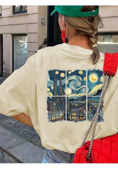 Uyguntarz Unisex Şehir Manzaralı Vangogh Baskılı Oversize Tişört Bej