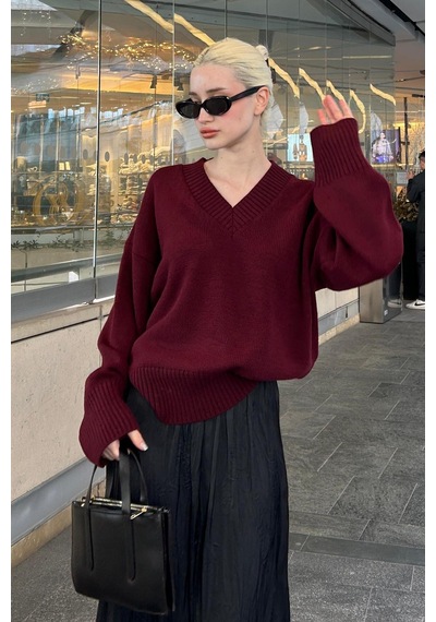 Madmext Koyu Bordo V Yaka Oversize Kadın Triko Kazak Mg2149 Koyu Bordo