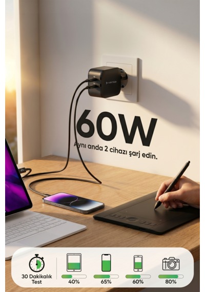 60w Çift Portlu Usb-c Girişli Akıllı Hızlı Şarj Adaptör Kablo Seti - Pd Ve Qc Destekli